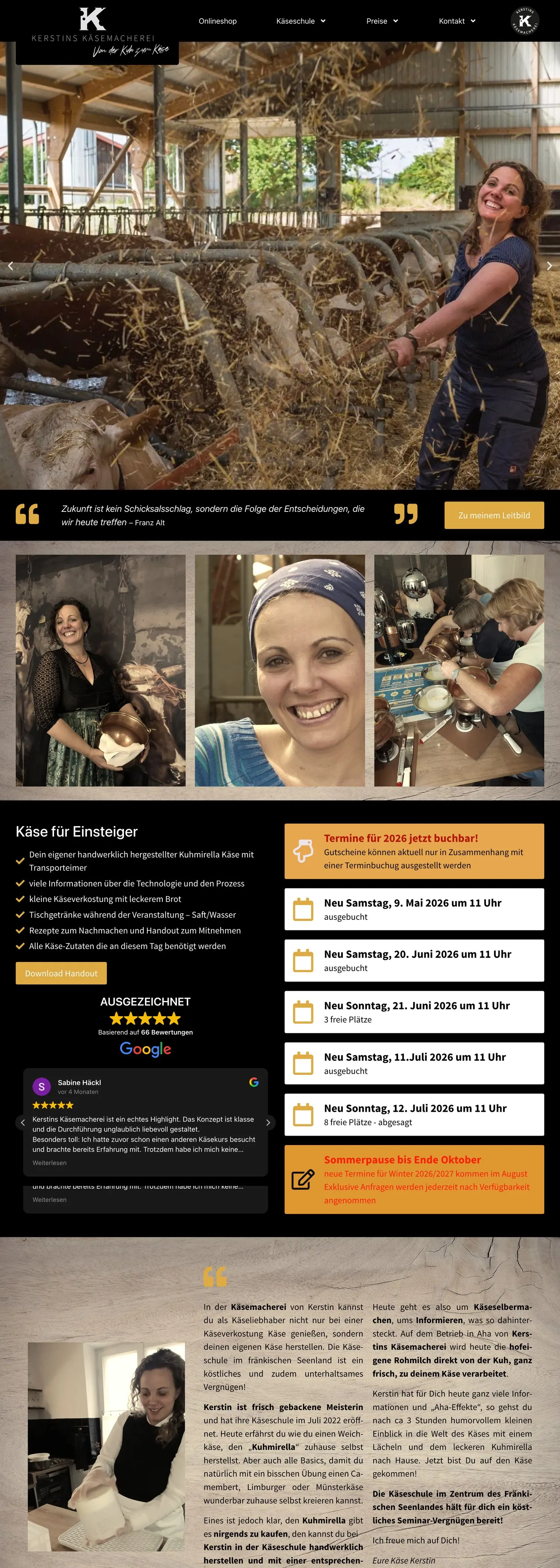 Website von Kerstins Käsemacherei, komplette Seite